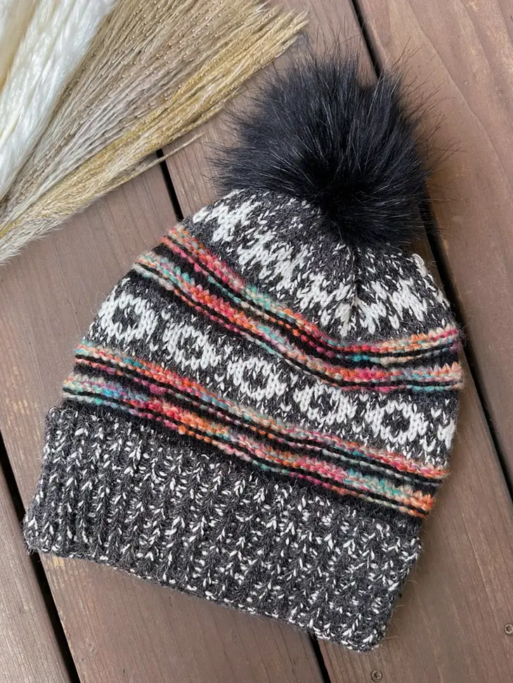 Aztec Pink & Denim Faux Fur Pom-Pom Beanie Hat